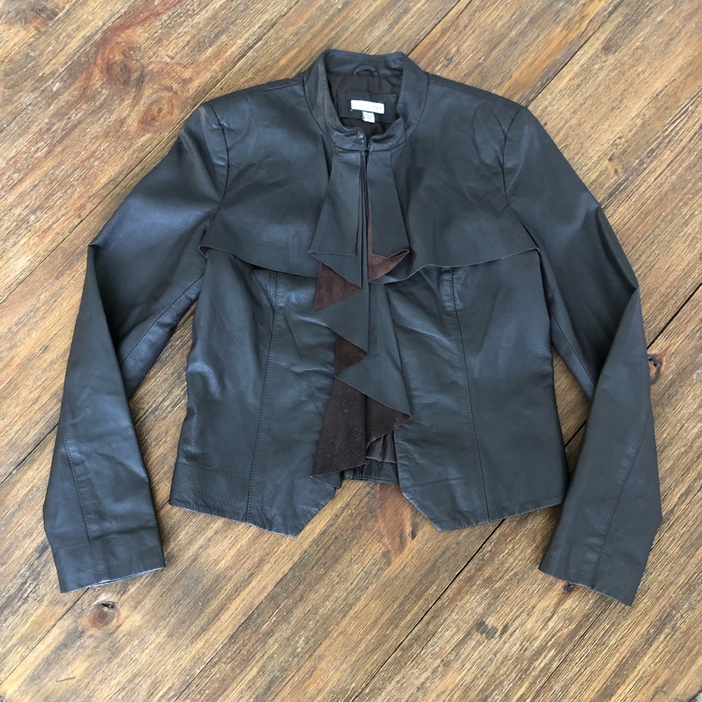 Mythology ruffle lapel cropped black leather jacket